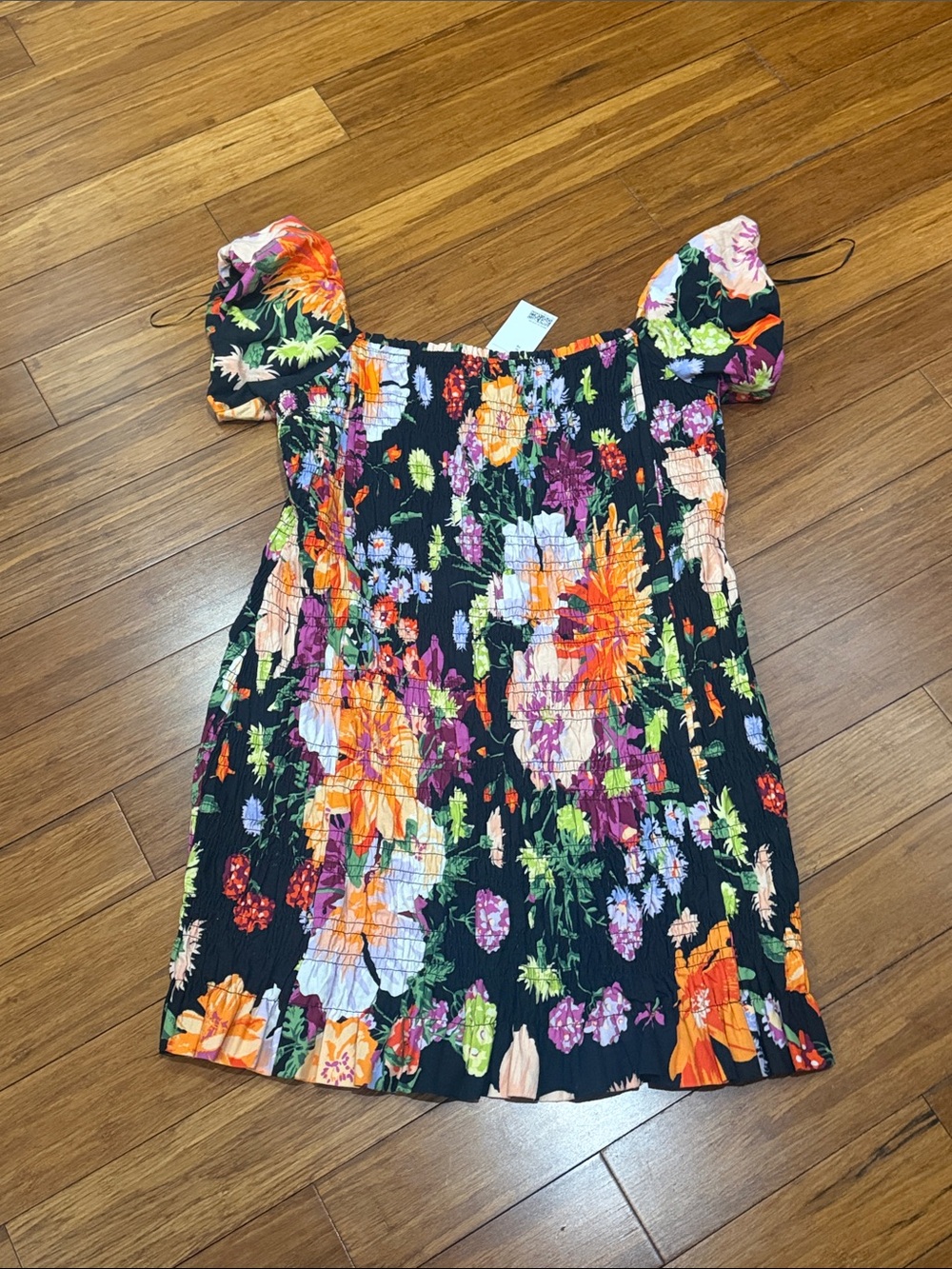 NWT H&M Black Floral Smocked Mini Dress with Puff Sleeves XL